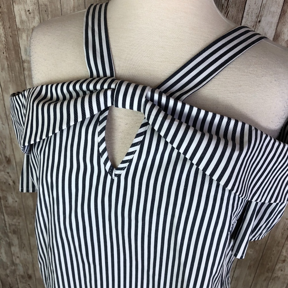 By & By striped off the shoulder front knot top